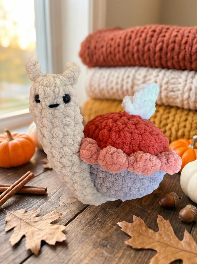 Snail Crochet Plushie Amigurumi Hot Cocoa, Peppermint, Pumpkin, Pumpkin Pie