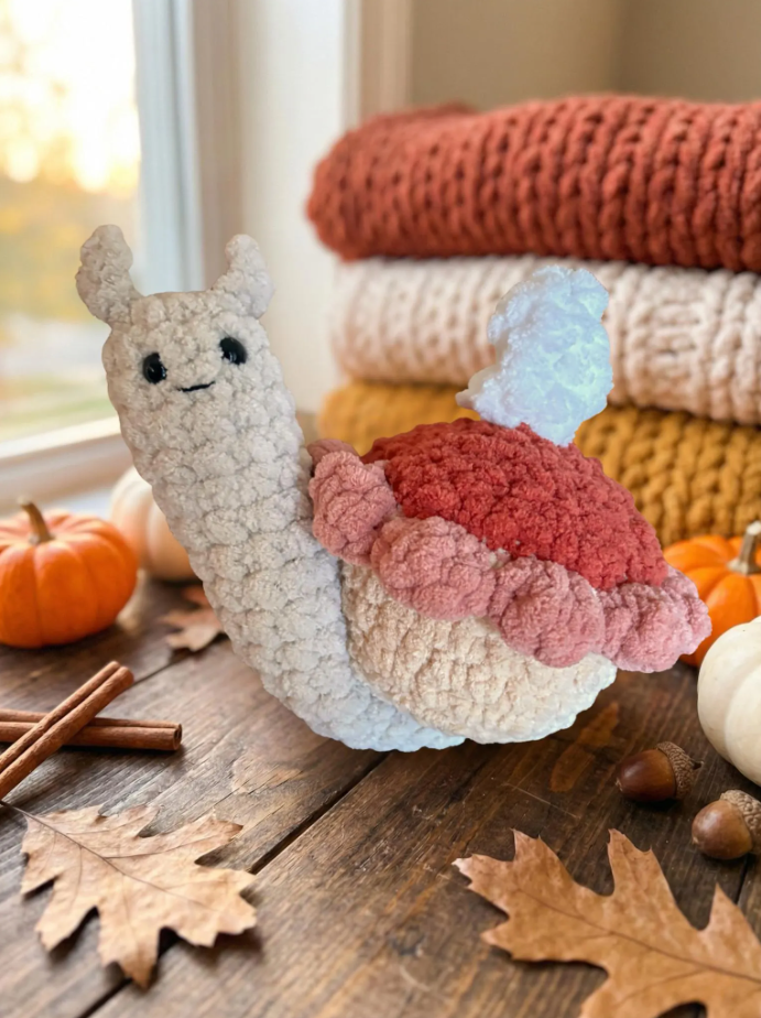 Snail Crochet Plushie Amigurumi Hot Cocoa, Peppermint, Pumpkin, Pumpkin Pie