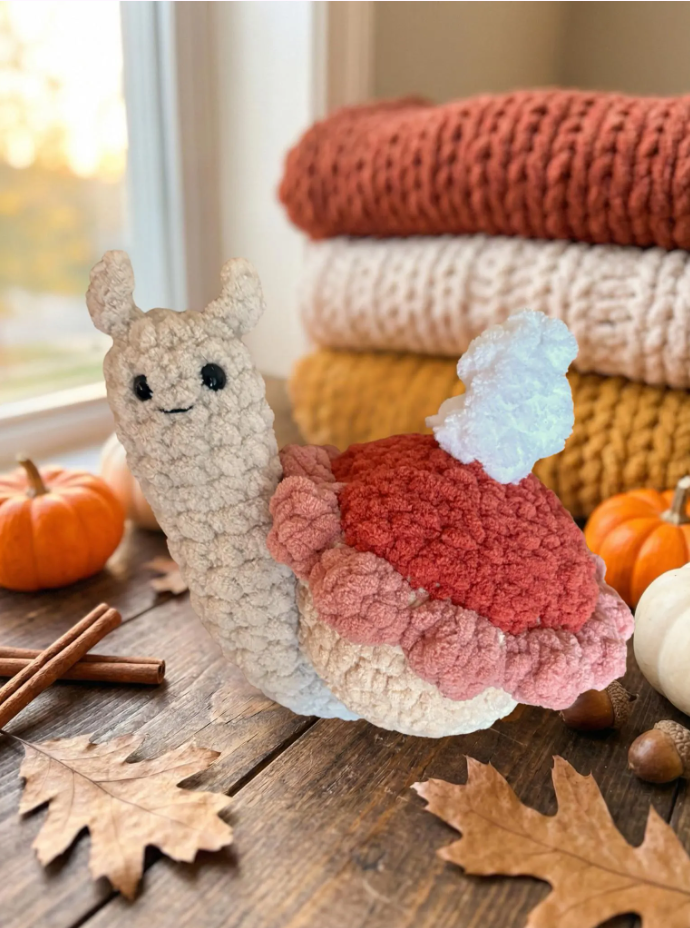 Snail Crochet Plushie Amigurumi Hot Cocoa, Peppermint, Pumpkin, Pumpkin Pie